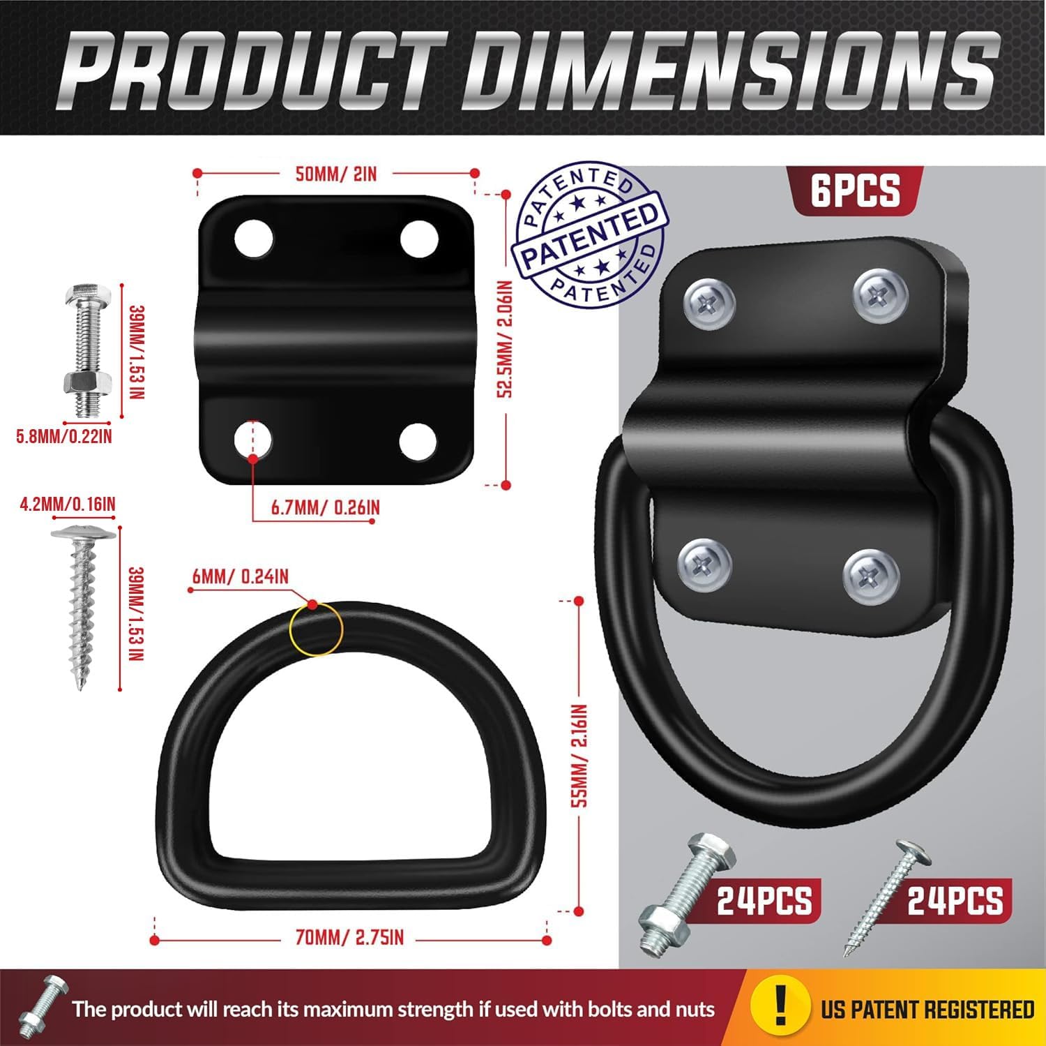 PAMAZY 6PCS Heavy Duty Steel D Rings Tie Down Anchors, Ultra Durable 3500 Pound Breaking Strength Surface Mount Hooks Securing Cargo for Trailer, Truck Bed, with Screws & Bolts - Image 4