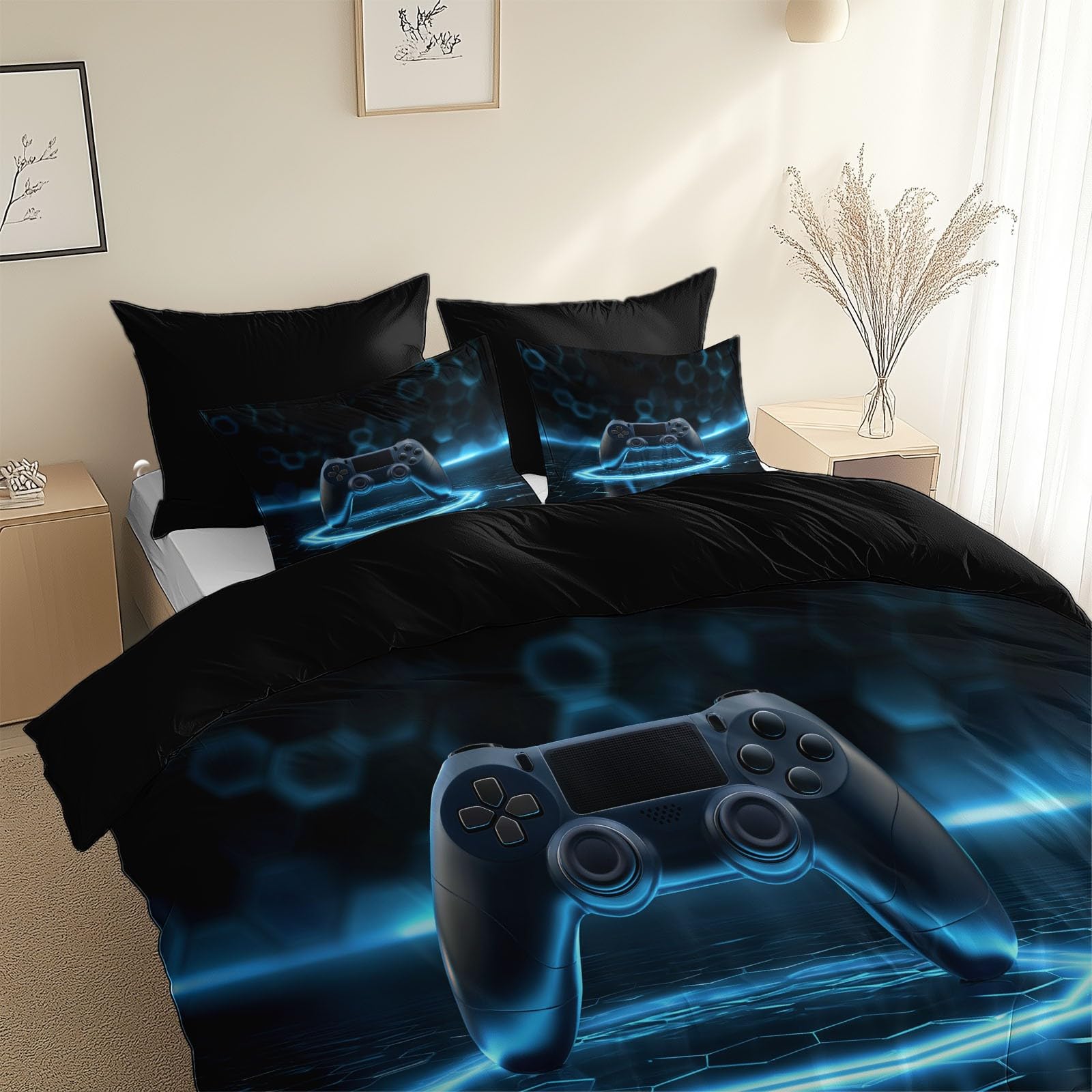 Funda Nórdica 3D Mando Juego Gaming Rejilla Hexagonal 200 x 200 cm - Negro Juego de Cama 3 Piezas para Cama 105 Microfibra Suave con Cierre de Cremallera, para Habitación Adolescente Niño