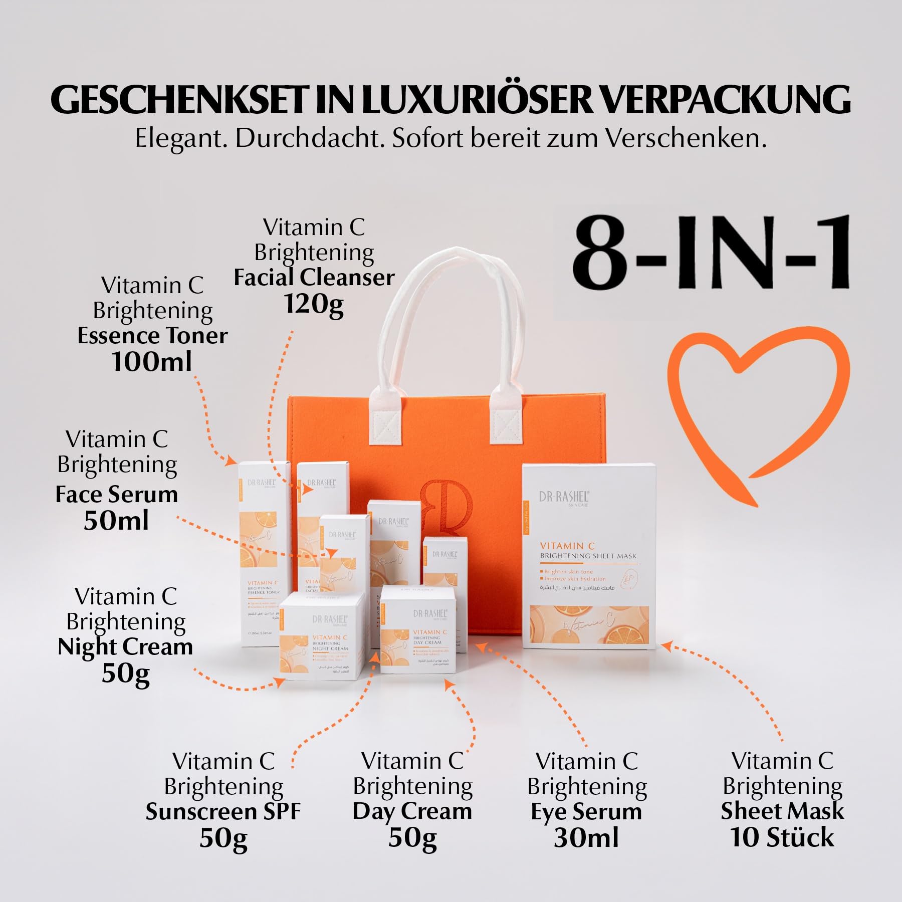Zestaw do pielęgnacji twarzy z witaminą C – serum do twarzy, serum pod oczy, krem na dzień i na noc, 10 x maseczka chusteczkowa, oczyszczanie twarzy, toner, krem przeciwsłoneczny SPF 50