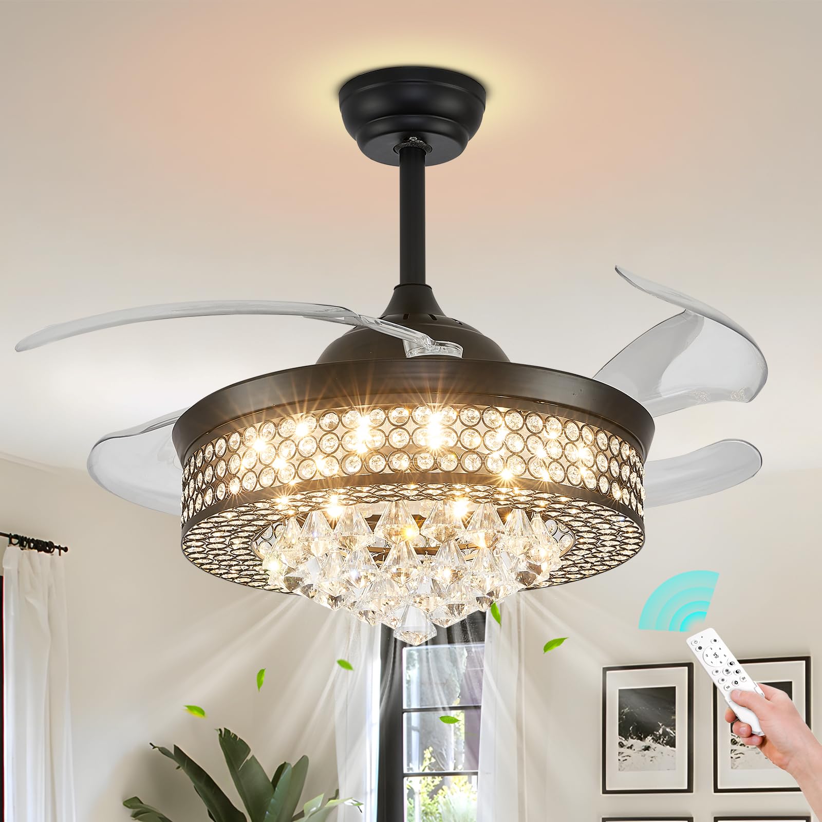 Finktonglan 42'' LED Ceiling Fan with Light and Remote, Fandelier 3 Color Changes, Ceiling Fan with Chandelier Light Retractable Blade Chandelier Fan with Lights 6 Speed for Bedroom