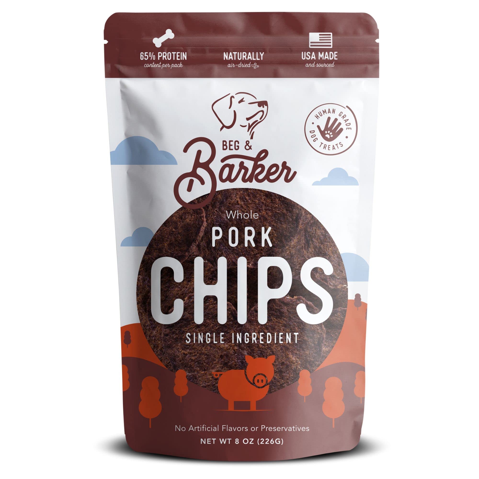 Beg & Barker Pork Chips for Dogs (8 Ounce, Pack of 1) - Single Ingredient Dog Treats Made for Large & Small Dogs Protein Human Grade Dog Treats Made
