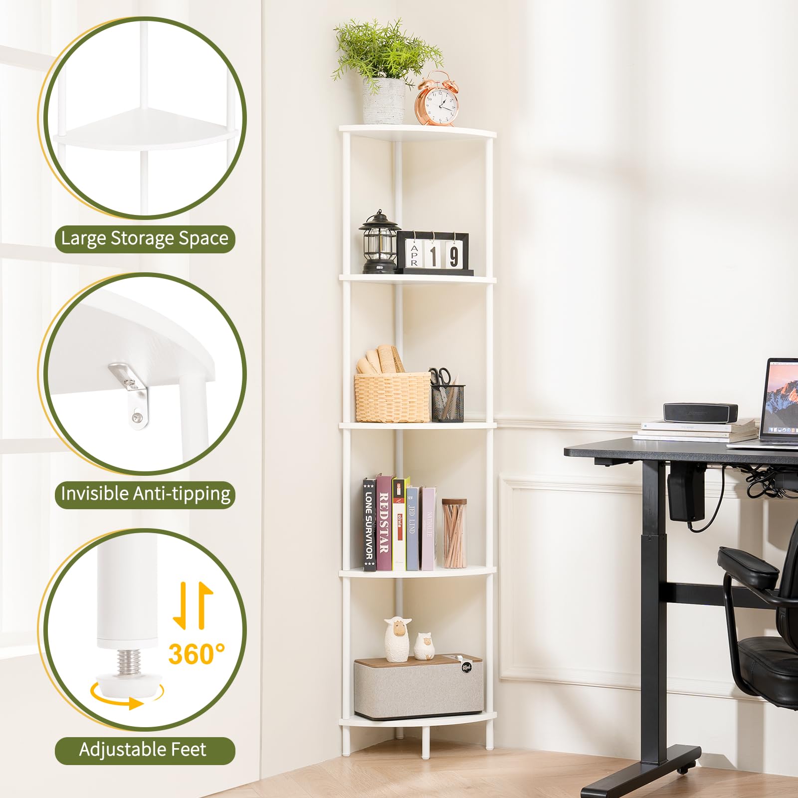 Snapklik.com : Yoobure Corner Shelf Stand, 5-Tier Bookshelf, 65" Tall ...