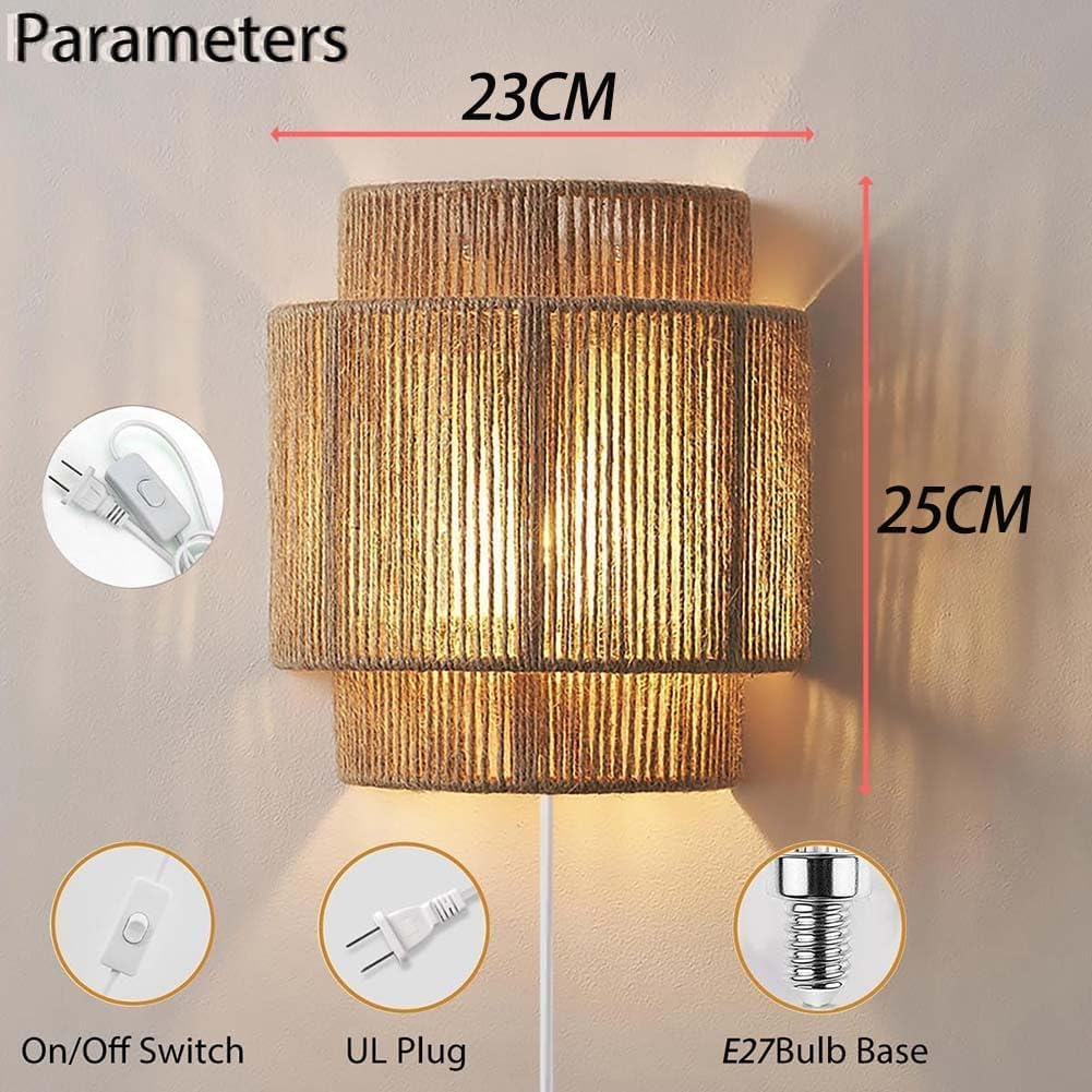 OOWOKS E27 Boho Vintage Rattan Wandlampe mit Stecker Kabel, Wandleuchte Innen mit Schalter, UP & Down Beleuchtung Handgewebter Rustikal Rattan Bambus Nachttischlampe für Wohnzimmer Schlafzimmer