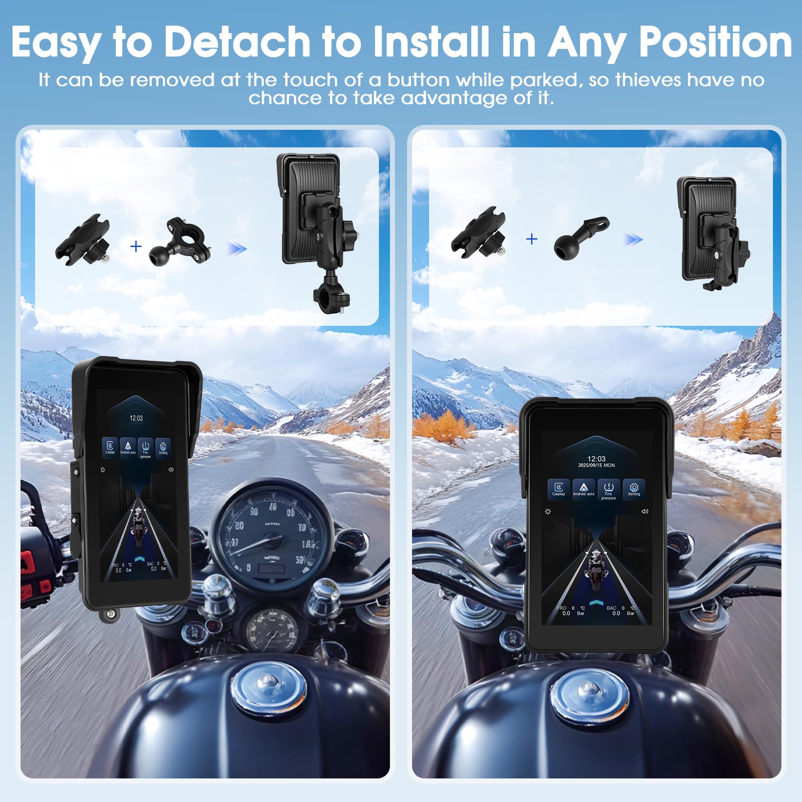 Navigatore per moto con Apple CarPlay e Android Auto Wireless, Autoradio Portatile Touchscreen HD 5 Pollici Bluetooth FM Impermeabile IP68