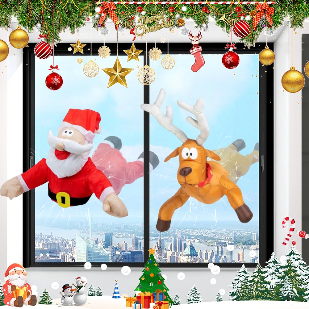 Décoration Noël Animée Pères Noël et Rennes S'écrasant sur Fenêtre avec Autocollant Vitre Cassée et Animation (2 pièces)
