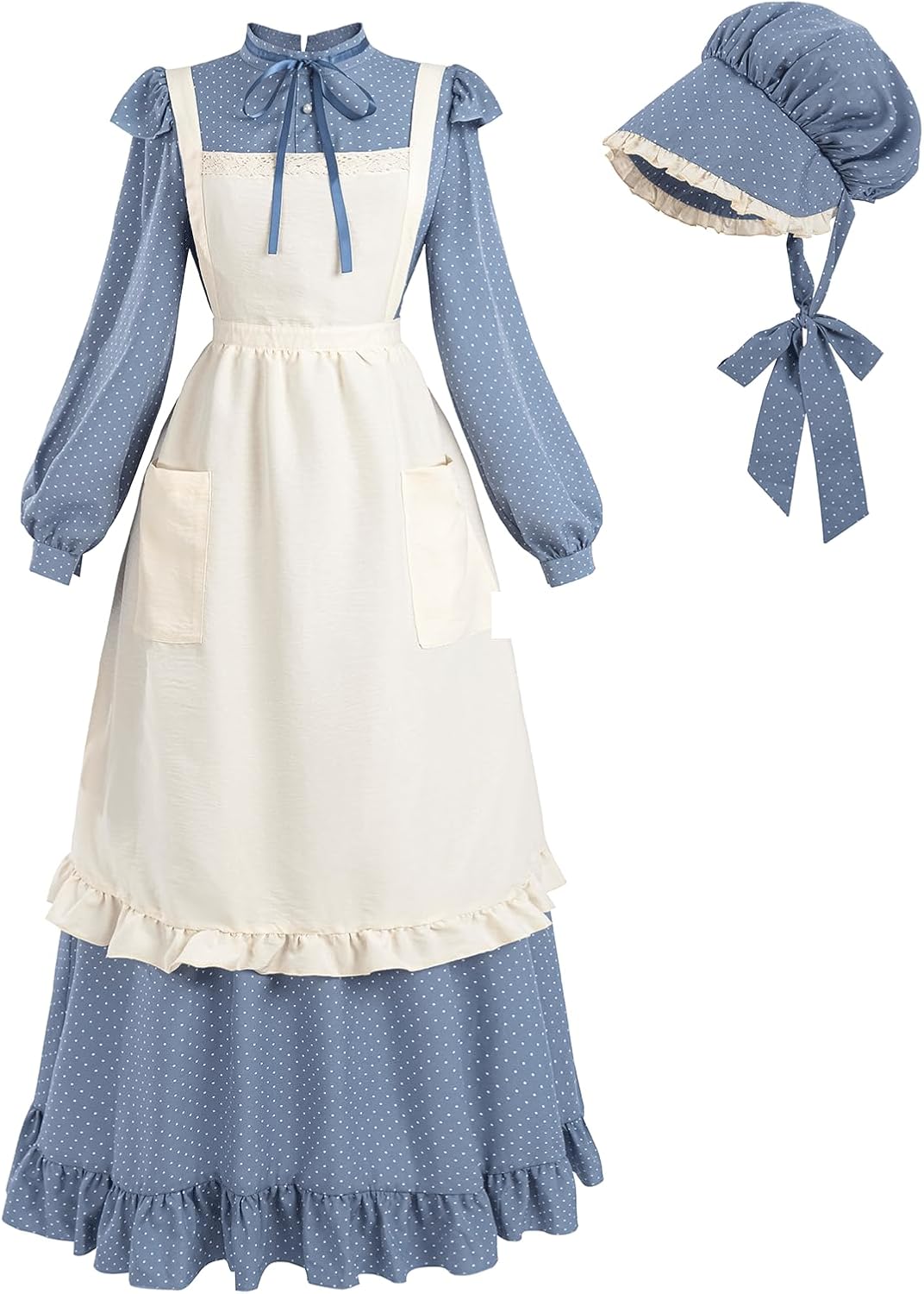 FCCAM Prairie Dress Women Blue Colonial Dresses Long Sleeve Pioneer Costume with Amish Bonnet