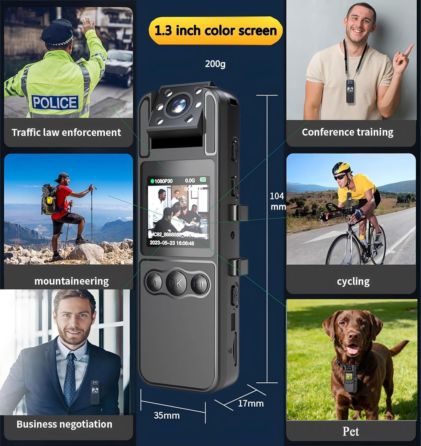 Cámara corporal de policía HD de 1080P, 32 GB, grabación de video, audio, imagen LCD de 1.3 pulgadas, visión nocturna infrarroja, batería de 1600 mAh, impermeable, ligera, para registro de