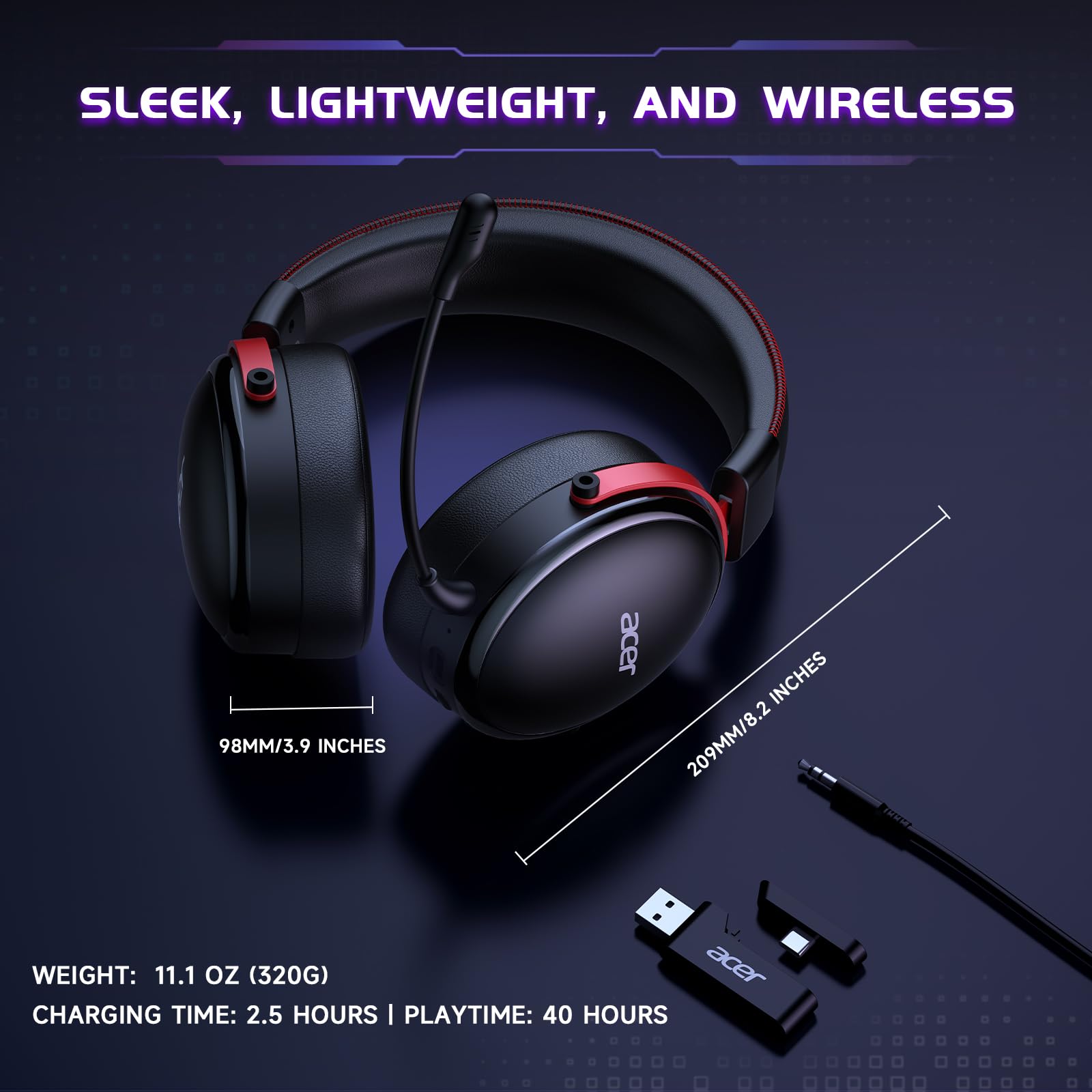 Acer Cuffie da gioco wireless da 2,4 GHz per PS5, PS4, PC, Switch, cuffie da gioco Bluetooth Tri-Mode con microfono, suono stereo, batteria da 40+ora, driver da 50 mm - nero