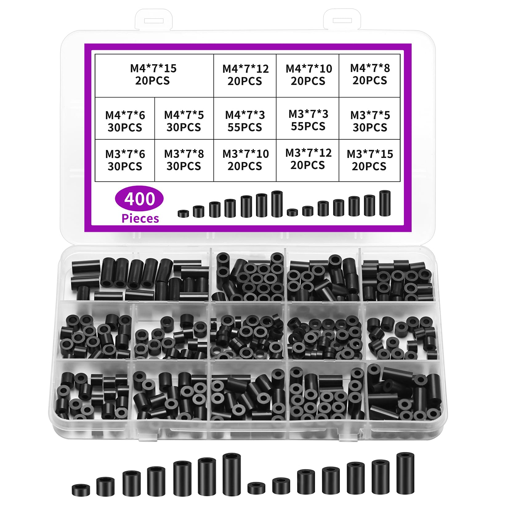 400 Pcs Black Nylon ABS Round Spacers Washers Assortment Kit, Insulation Screws Non Threaded Column Standoff Support Spacers Washers - M3/M4, 14 Kinds Different Size