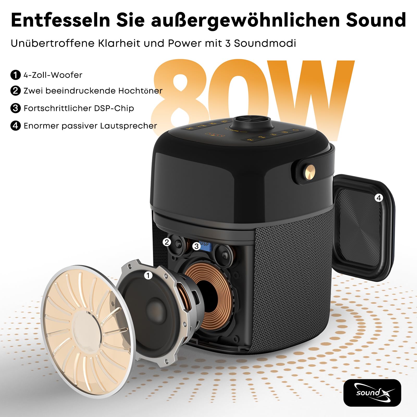 Karaoke Anlage mit 2 Mikrofonen, 80W Karaoke Maschine mit LED Licht | Home Karaoke System, Tragbar Partybox, USB & AUX Anschluss, für Zuhause und Outdoor