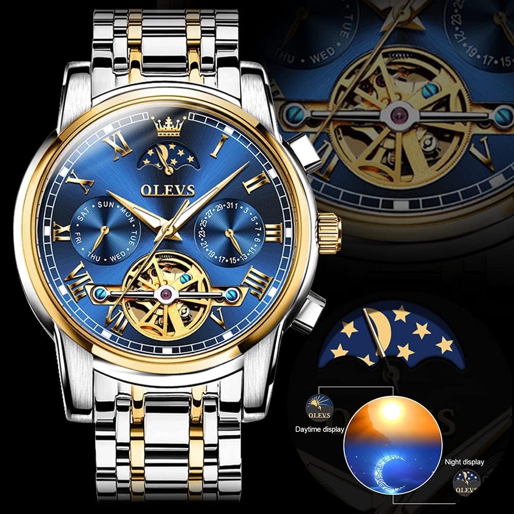 OLEVS Couple Pair Watch Automatic for Men and Women His and Hers Watches Set Gifts Mechanical Self-Winding Tourbillon Big Face Dress Wristwatch with Day Date Calendar Two Tone