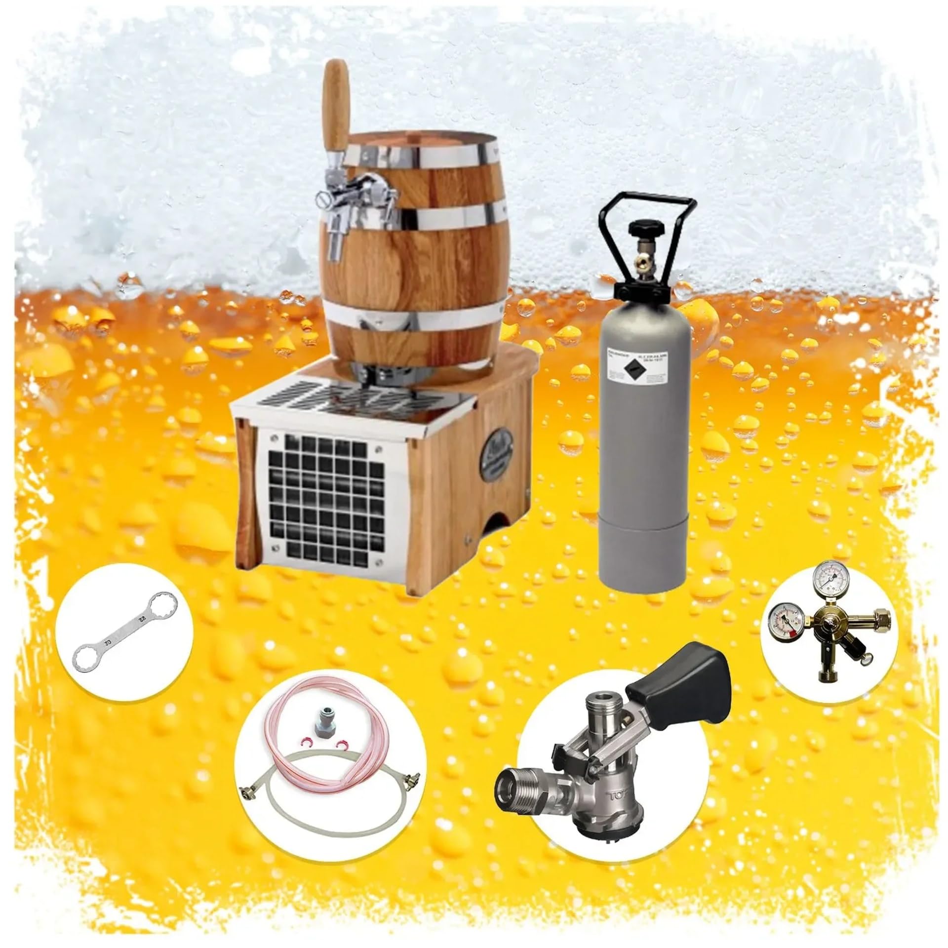 Komplett Set - Soudek 20, Trockenkühlgerät Bierfass Optik, Bierkühler, Zapfanlage, Bierzapfanlage 1-leitig, 20 Liter/h, Green Line, Zapfkopf:Flach