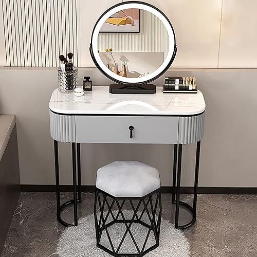 Tocador de maquillaje con luces y cajones, 3 modos de iluminación de color, brillo ajustable, juego de mesa de tocador con taburete, mesa de tocador