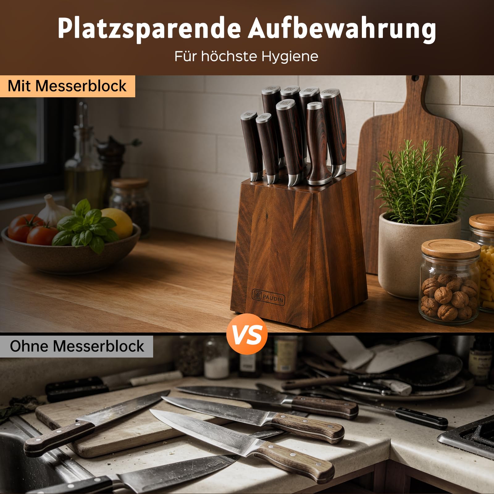 Paudin Messerblock Set mit 9-TLG, Scharfes Hochwertiges Küchenmesser Set aus Edelstahl, Messerblock mit Messer & Ergonomischem Holzgriff, Messerset mit Block für Koch/Haushalt, FDA