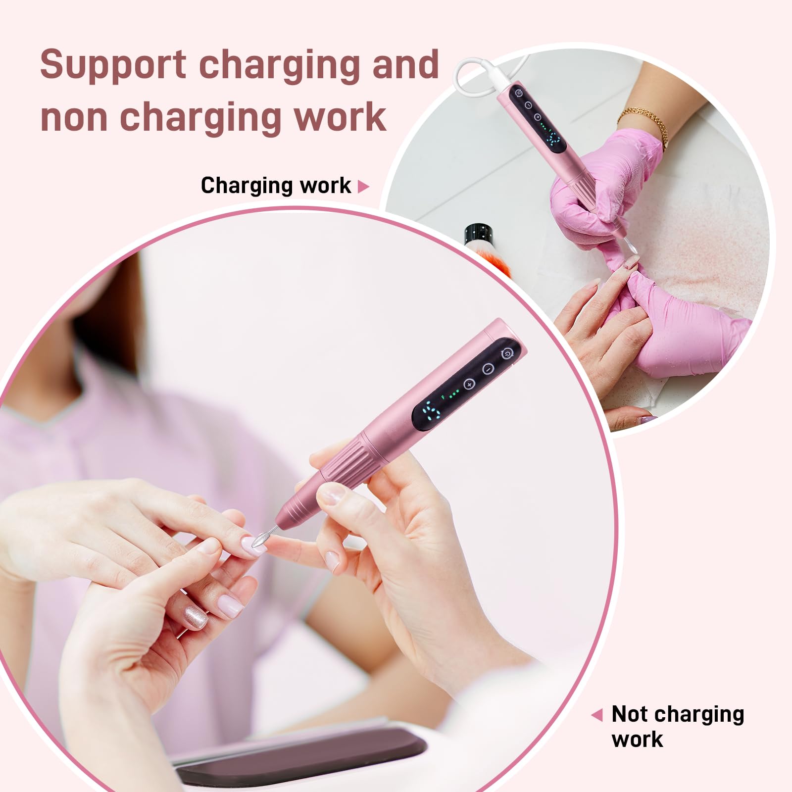 Electric Nail Drill 35000RPM,WEIKILLY Rechargeable Cordless Nail File,Professional Acrylic Gel Electric Nail Drill Machine for DIY Manicure and Pedicure,Portable Home Travel or Salon Use (Pink) - Image 4