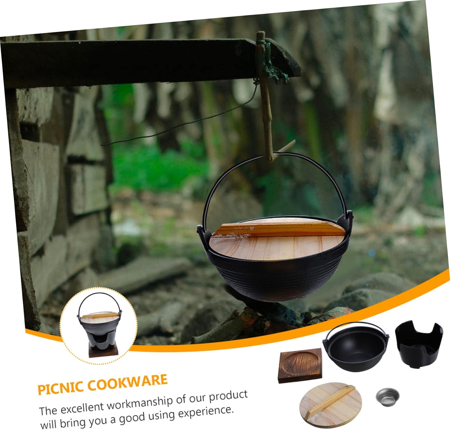 1set Outdoor Cast Iron Cooking Pot Stove and Supporting Plate Japanese Style Cast Iron Sukiyaki Hot Pot for Camping Picnic and Outdoor Cooking