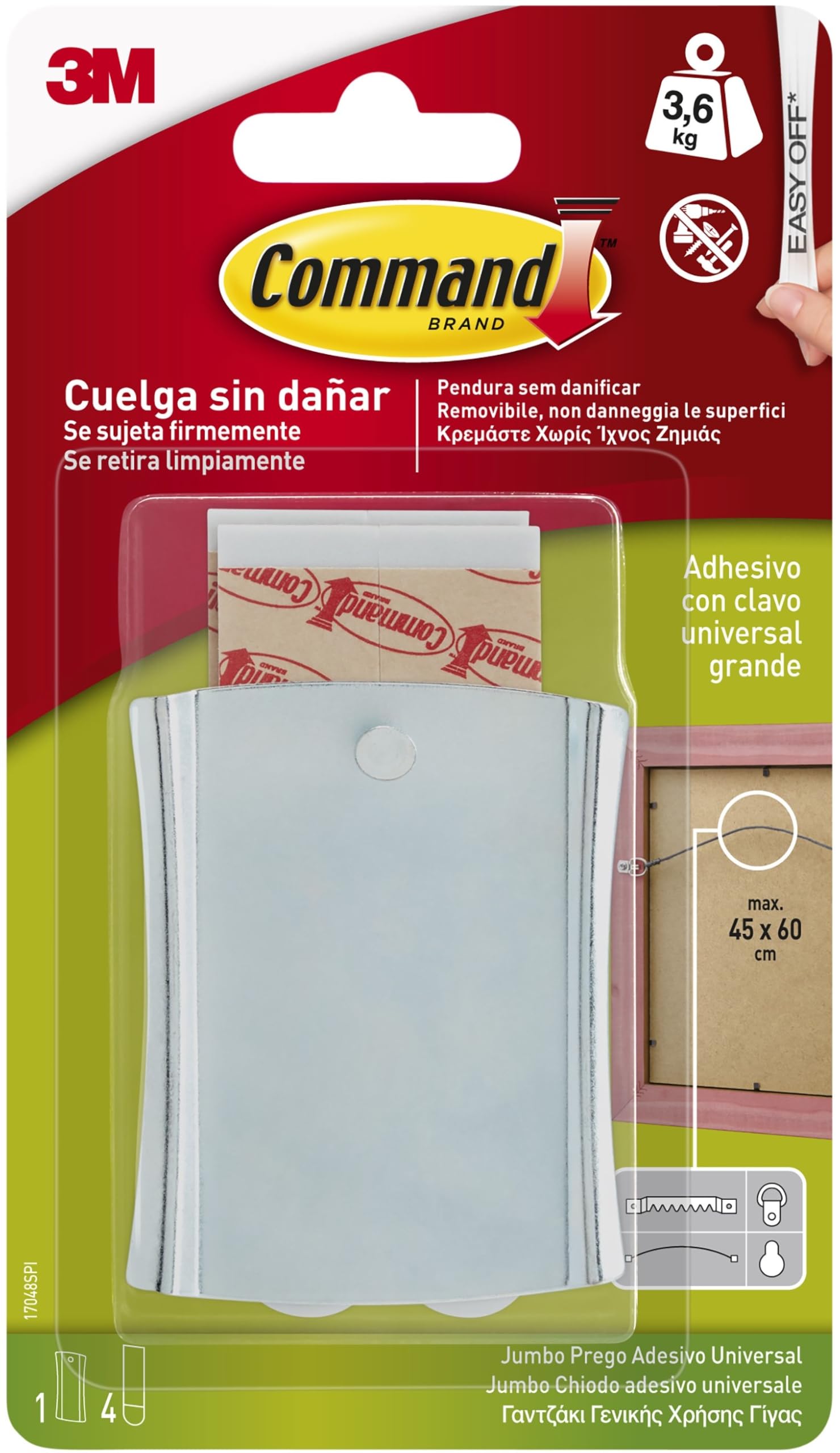 Command Clavo Metálico para Colgar Cuadros (alambre), Extra Grande - 1 Gancho y 4 Tiras Adhesivas - Colgar Sin Agujeros y Sin Taladrar - Soporta Hasta 3,6 kg