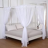 Akiky Princess Bed Canopy Curtains with LED Star Lights for Queen/Full Beds - 8 Panels White Tulle Drapes