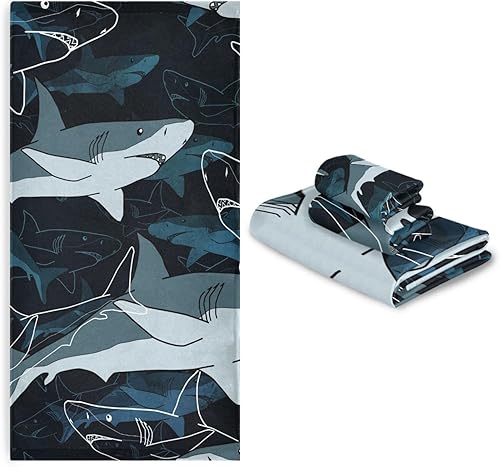 Miniatura 7 de IIASOL Juego de 3 toallas de baño con diseño de mar con tiburones, juego de 3, toallas súper suaves, 1 toalla de mano, 1 toalla de baño, toallas