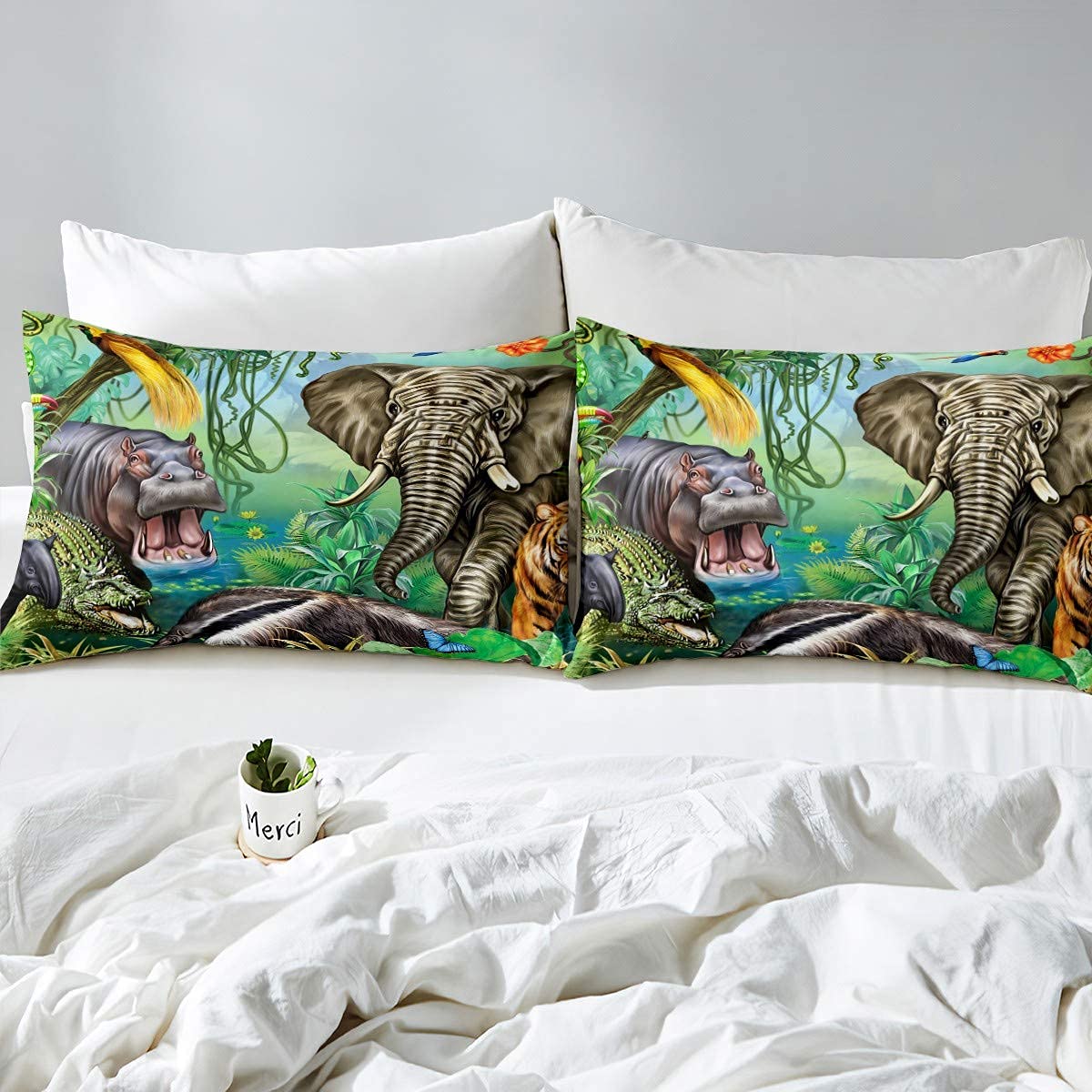 Jungle Animals Duvet Cover Set King Size Crocodile Hippo Elephant Tiger Bedding Set African Safari Animal Printed Comforter Cover For Kids Boys Girls Cartoon Zoo Theme Bedclothes With 2 Pillow Cases - Image 4