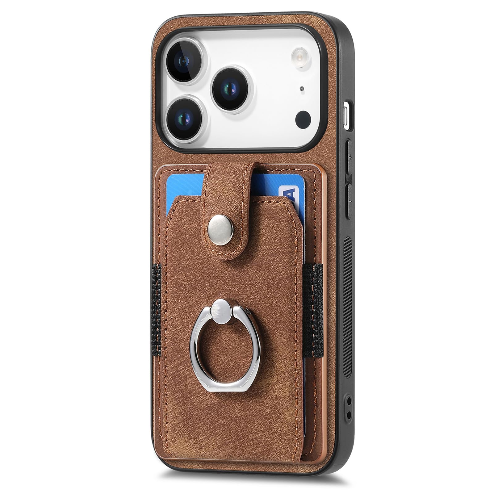 Coque iPhone 17 Pro magnétique en cuir marron avec support et porte-cartes