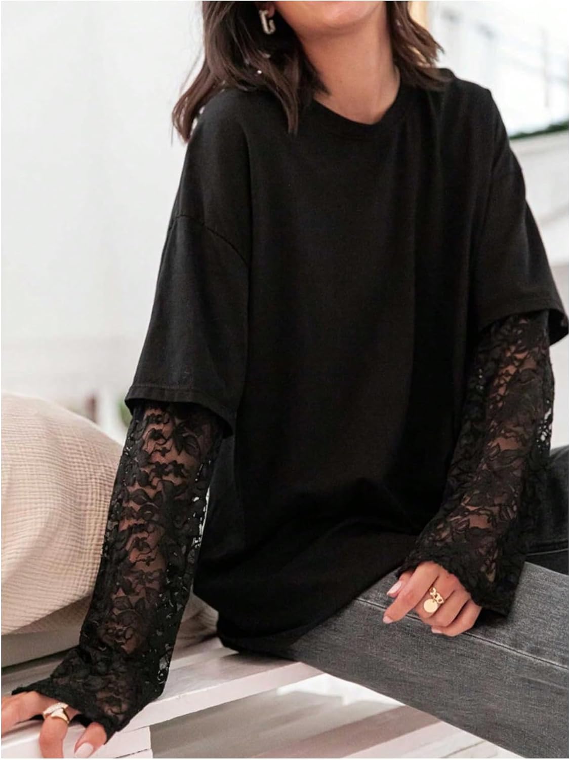SweatyRocks Women's Y2K Goth Oversized T Shirts Lace Long Sleeve Crewneck Casual2 in 1 Tops - Image 2