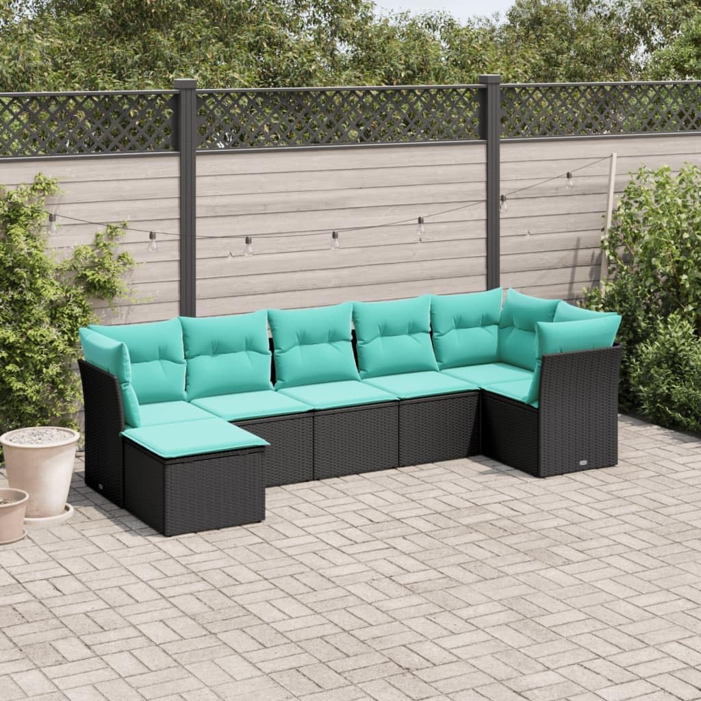 vidaXL 7 Piece Outdoor Patio Sofa Set w/Cushions Black Poly Rattan Garden Furniture - Modular Design, Easy Maintenance
