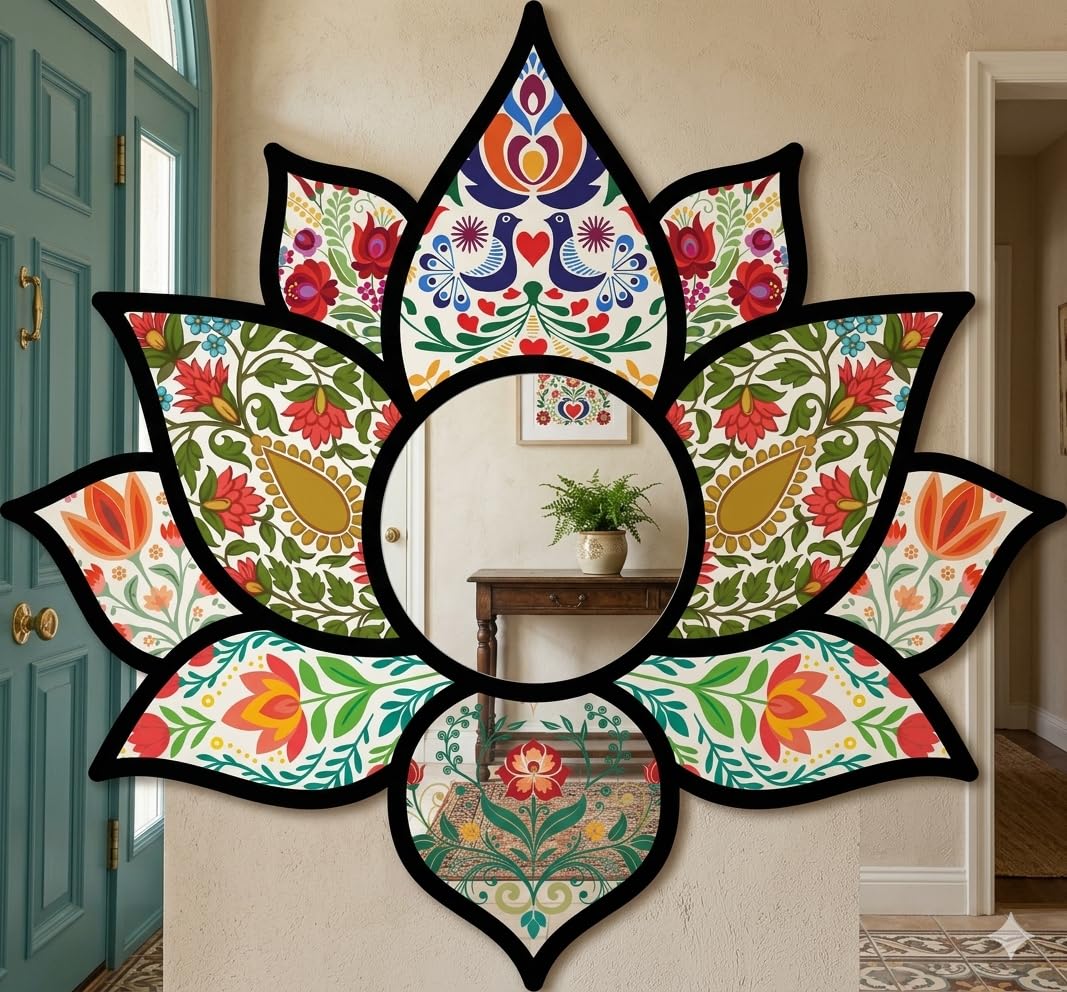 Lotus Shape Wall Mirror, Multicolour Floral Folk Art Design, Decorative Hanging Wall Decor-image-13