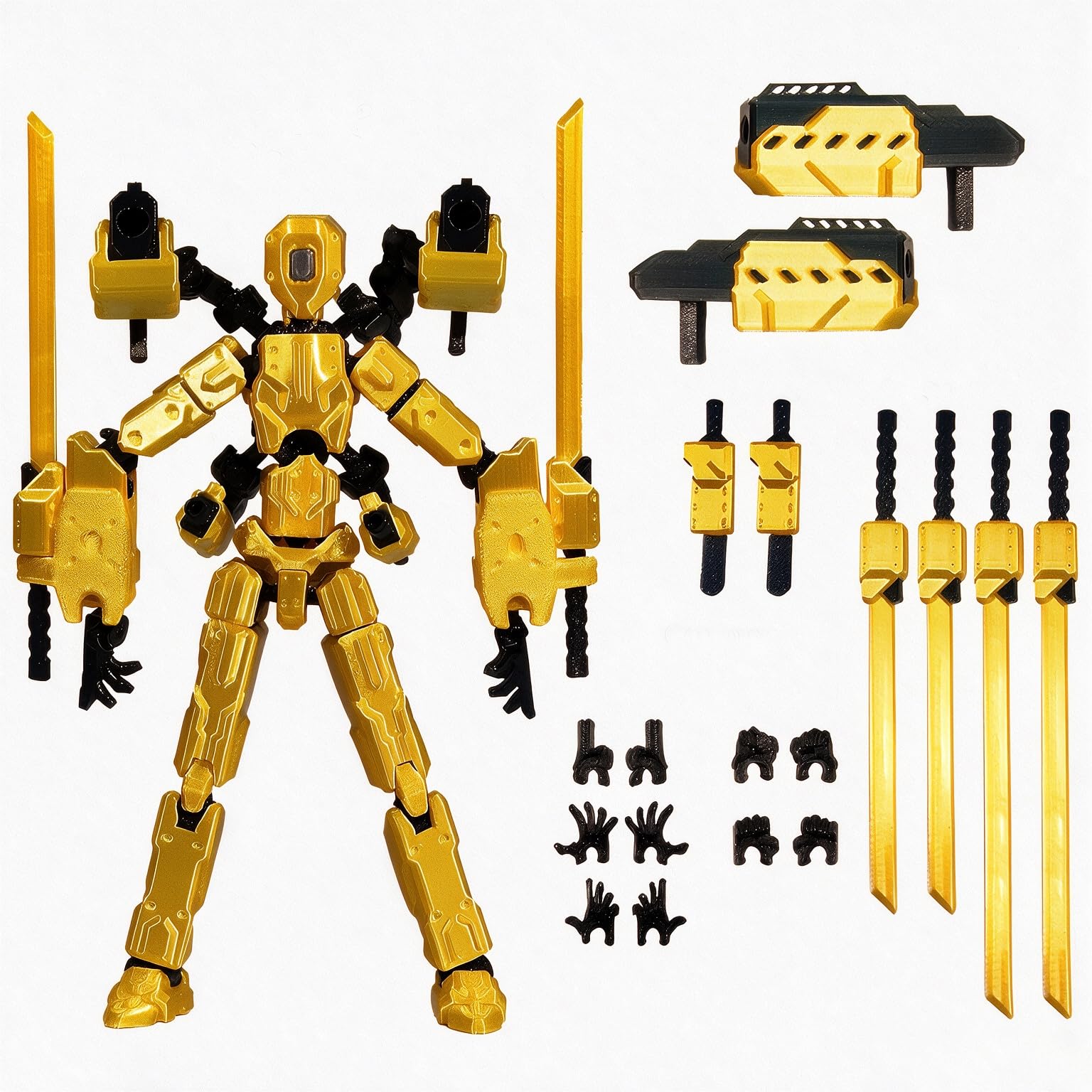RARITYLL Large Robot T13 Action Figure, Invincible Action Figure Dummy 13, Golden Humanoid Mecha with 13 Accessories, 2 SMG Guns, 4 Sabers, 2 Cannons, 5 Signals, Joints Movable, Toys for male Gifts