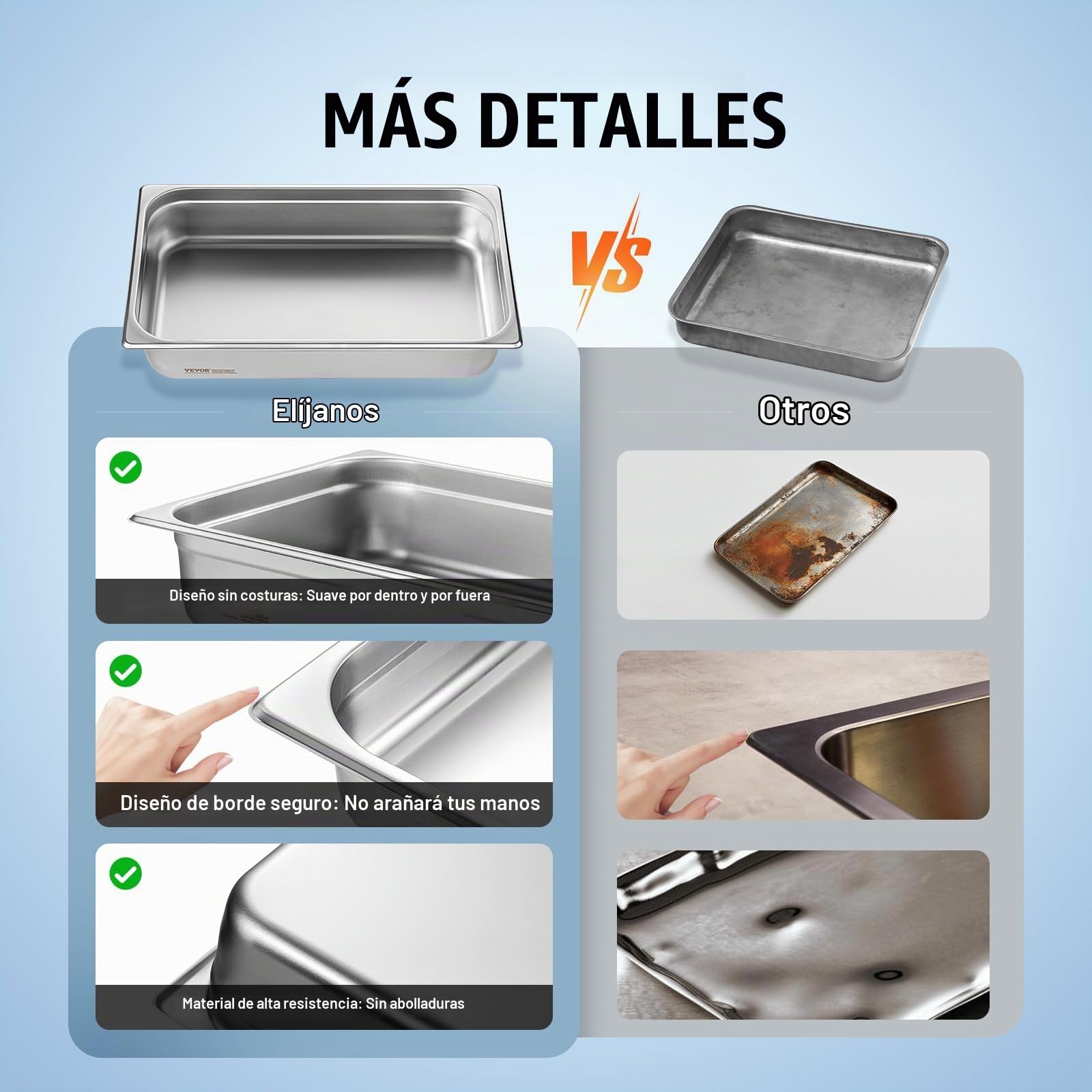 VEVOR 4 Sartenes de Hotel, Sartén Comercial de Vapor Antiatasco de Tamaño Completo con Tapa, Acero Inoxidable de 0,8 mm de Espesor, para Catering, para Industrial y Científico, 530 x 326 x 107 mm