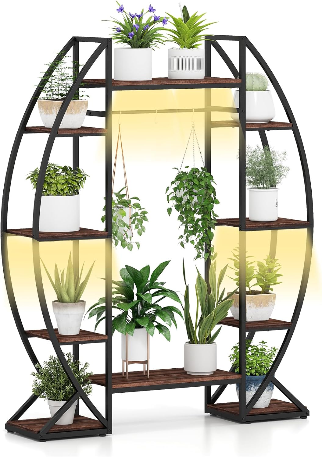GOFLAME 63” Tall Curved Plant Stand, 10-Tier Corner Metal Plant Shelf w/4 Head Grow Lights, 10 Brightness Levels, Hanging Hooks, Indoor Flower Display Rack for Living Room, Balcony, Study, Bedroom