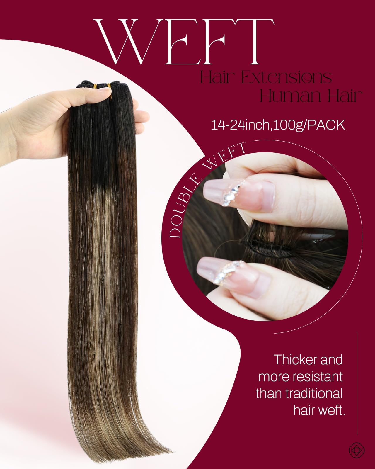 Moresoo Weft Hair Extensions Human Hair 20 Inch Double Weft Sew in Hair Extensions Remy Hair Balayge Black to Dark Brown with Caramel Blonde 100g/Pack #1B/3/27 — view 2