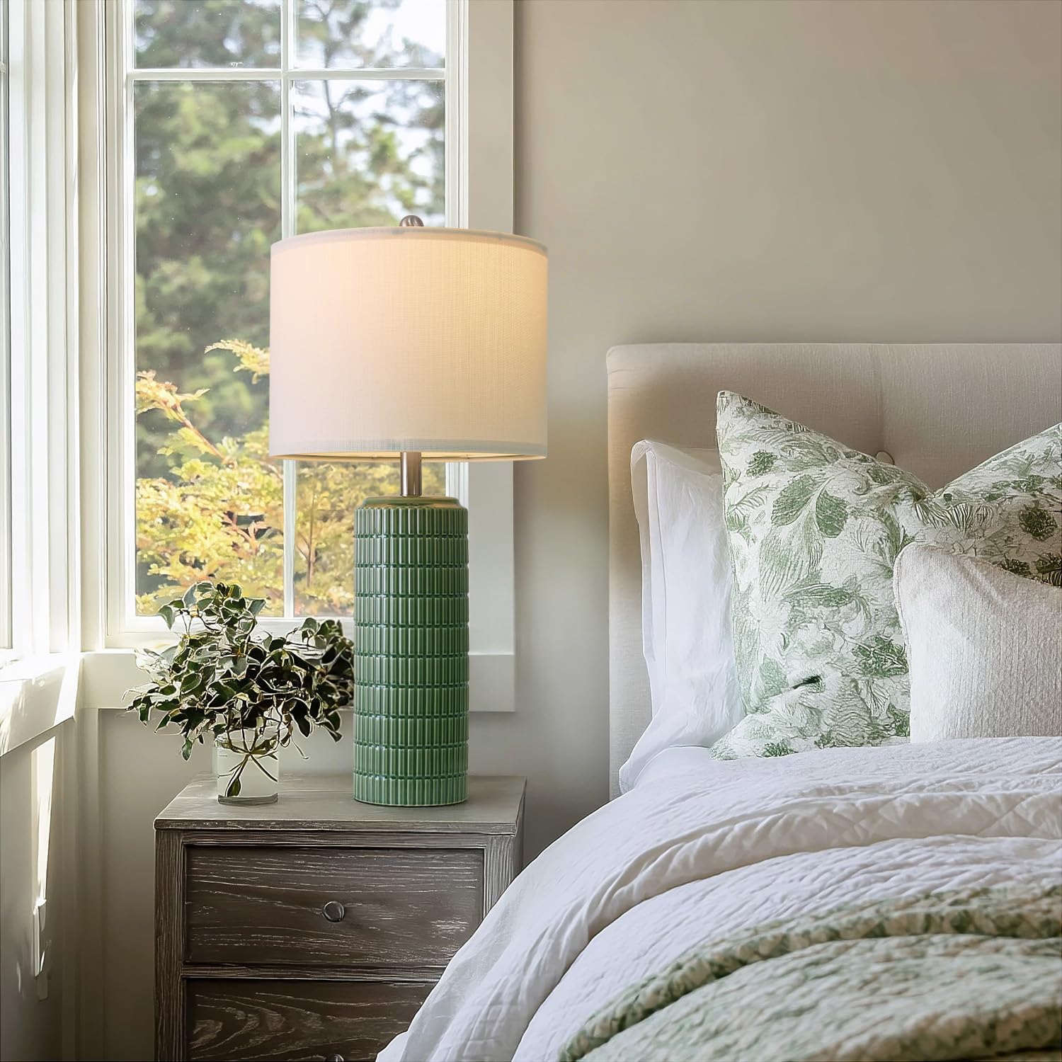 PoKat 27.5 Dark Green Ceramic Table Lamps for Living Room, Farmhouse Table Lamps Set of 2 for Bedroom Night Stands, Modern Bedside Lamps for End Side Table, Vintage Nightstand Decor Lamps Home Office