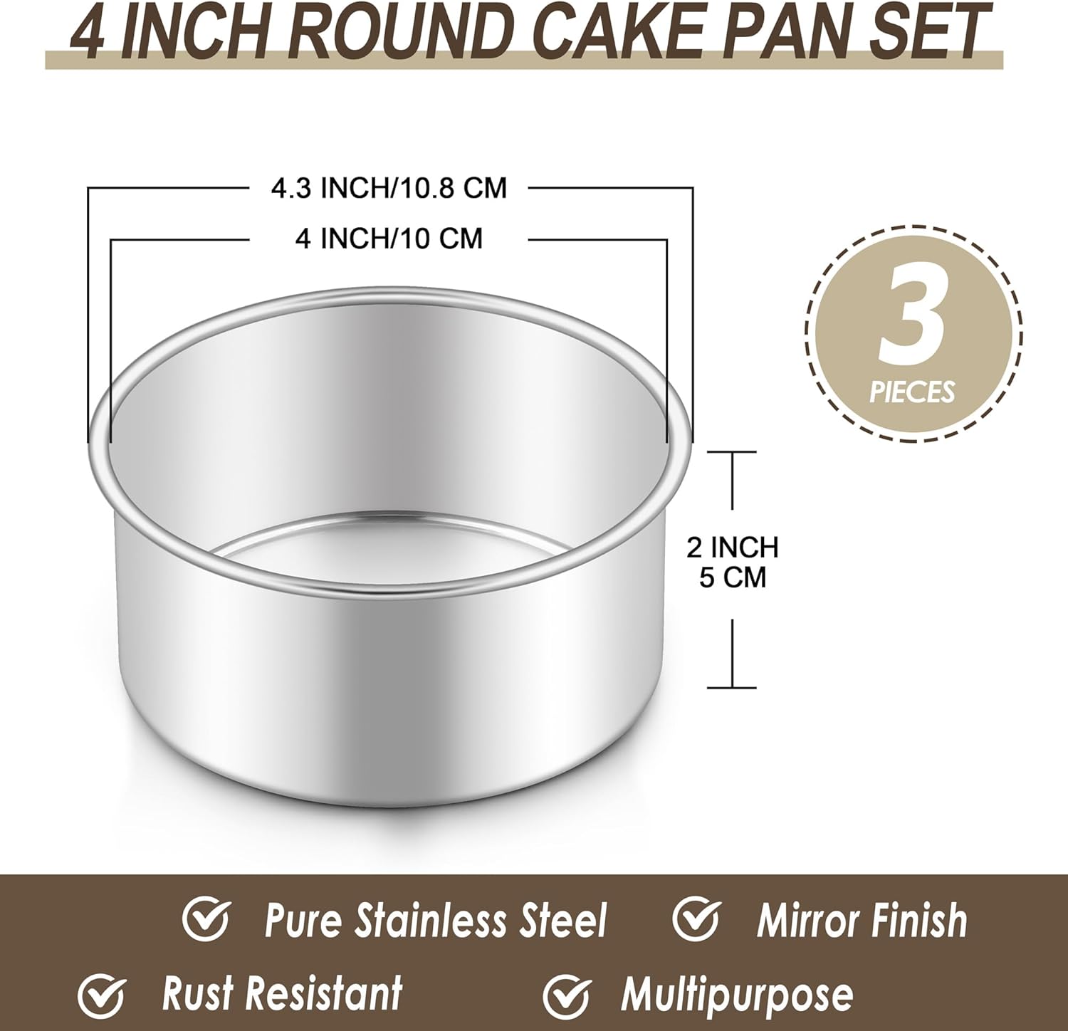 Homikit Mini Round Cake Pan Set of 3, 4 Inch Stainless Steel Small Baking Pans, Layer Smash Cake Tins for Birthday Baby Shower Wedding Party, Oven & Dishwasher Safe - Image 2
