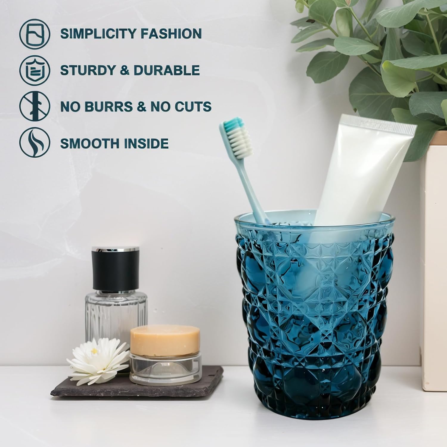 Glass Bathroom Tumbler Cup Teal Blue Decorative Textured Design 10oz Mouthwash Cup Toothbrush Holder for Bathroom