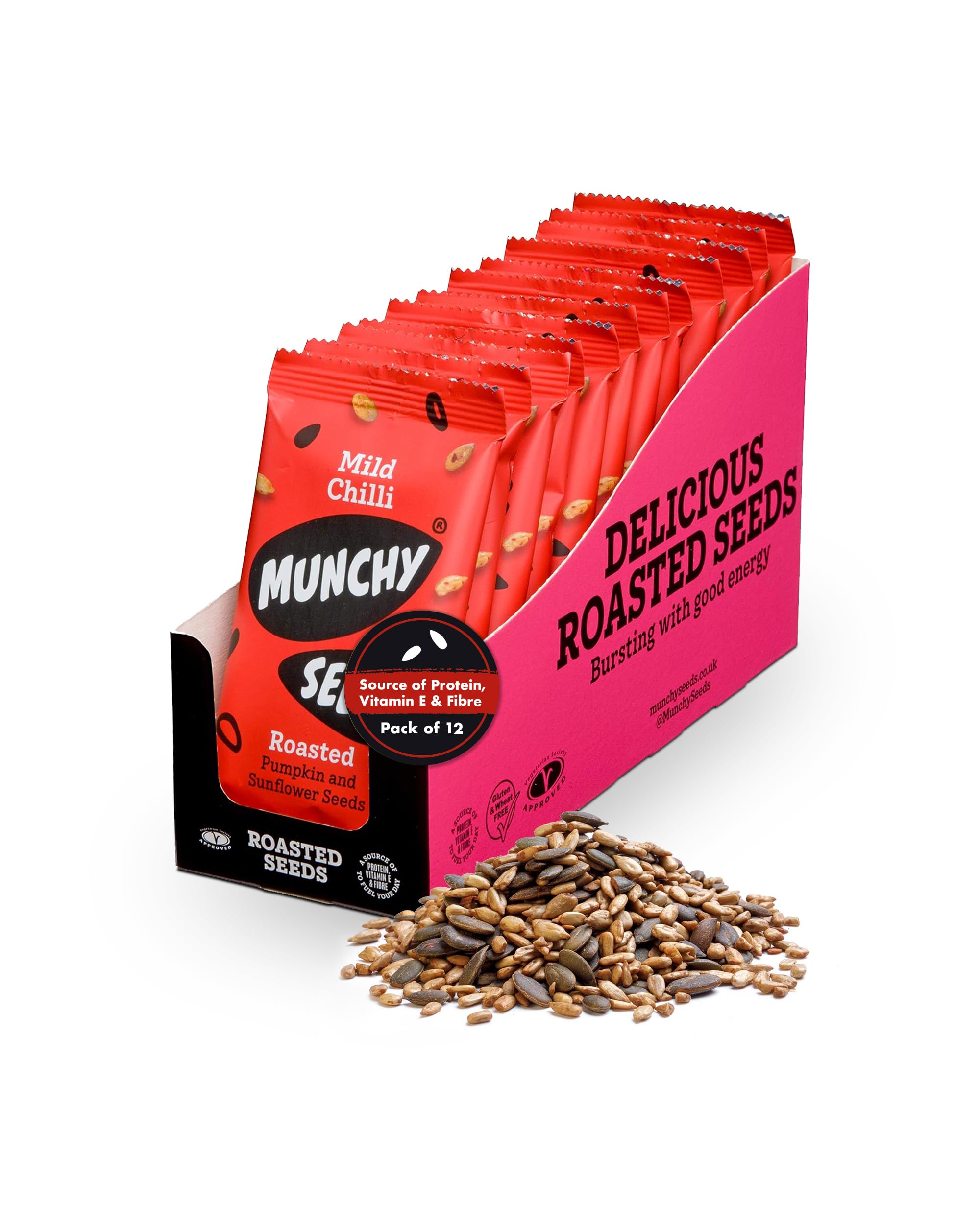 Mild Chilli Snack Packs, 12 x 25g - Lunchbox Ready, Spicy Seed Mix, Great for On-the-Go Snacking, Add to Salads, Stir-Fries, Protein Source, Healthy Chilli Flavour Seeds