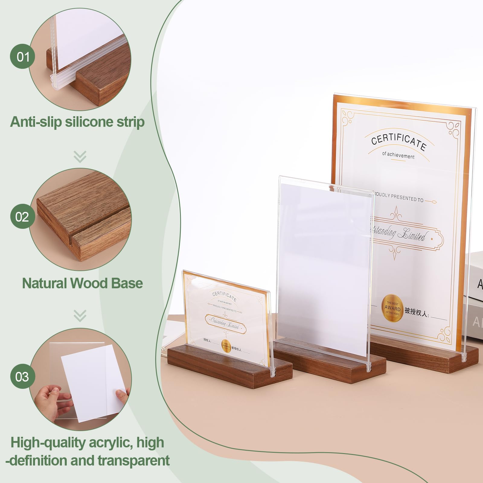PATIKIL Letrero acrílico de 8 x 12 pulgadas, 2 soportes acrílicos en forma de T con base de madera vertical A4 de doble cara transparente para exhibición de mesa, menú, soporte de papel para boda