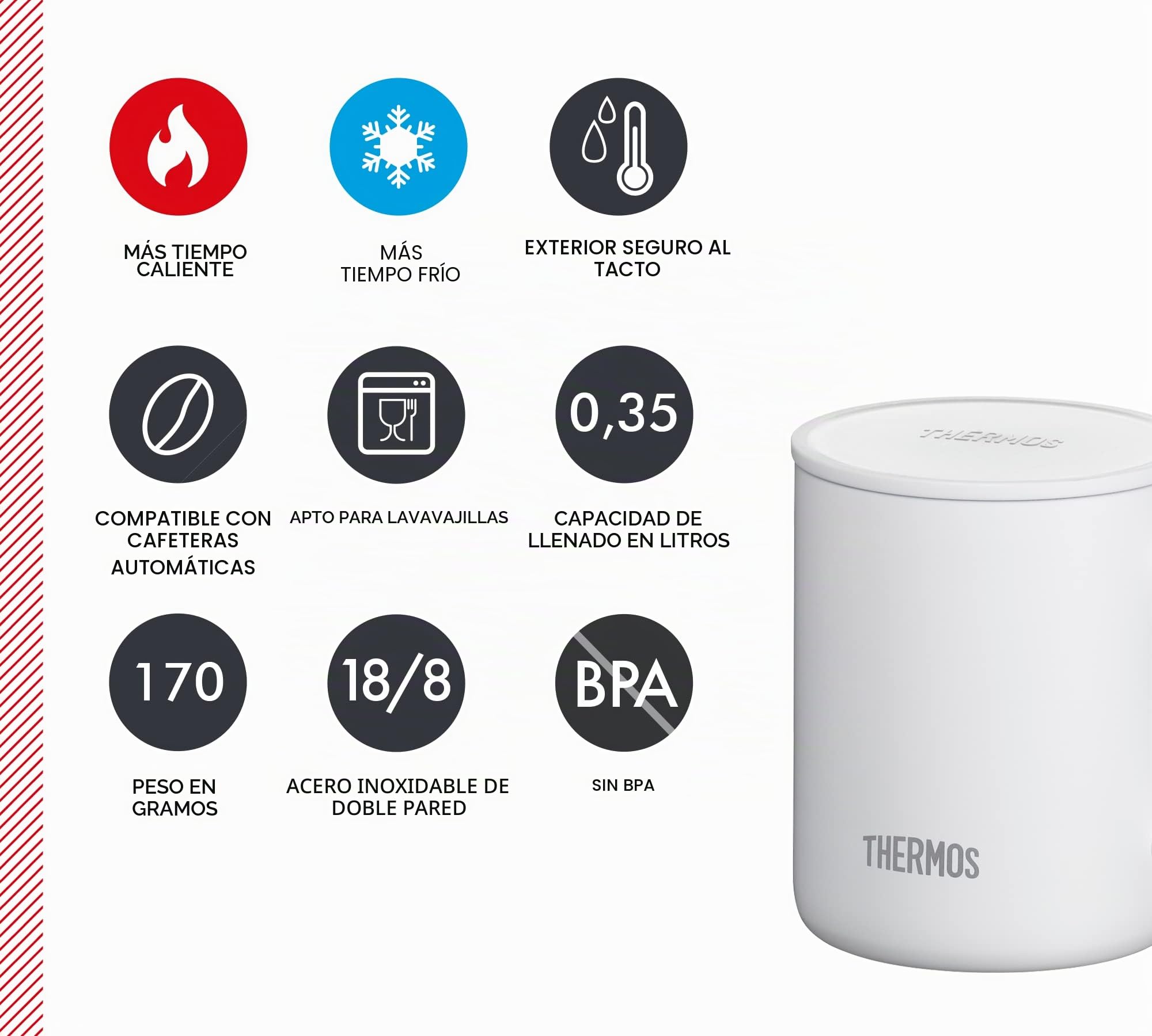 THERMOS Longlife Cup 0,35 l, taza de acero inoxidable con tapa o posavasos, taza de café de acero inoxidable, mantiene las bebidas calientes o frías durante más tiempo, apto para lavavajillas, sin BPA