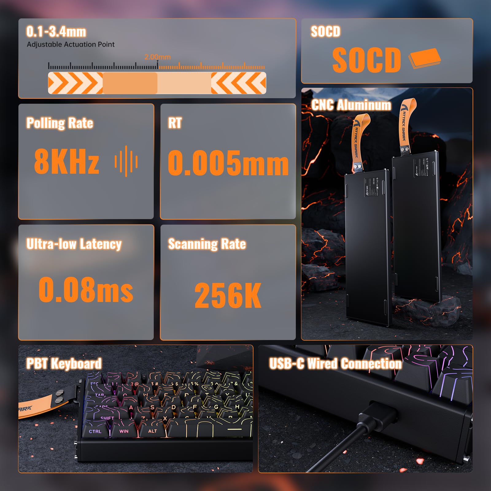 ATTACK SHARK X68MAX HE Teclado Gaming de Aluminio con Cable y Gatillo Rápido,Interruptores Magnéticos, Precisión RT de 0,005mm,Accionamiento Ajustable,8000Hz,Latencia de 0.08ms,RGB (Contornos Negros)