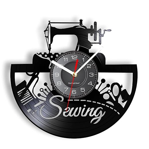 OTKU Vinyl Record Clock 3D Sewing Machine Dressmaker Vintage Design Vinyl Record Wall Clock Decor Tailor Quilting Artwork Seamstress Sewing Room Watch for Room Decoration