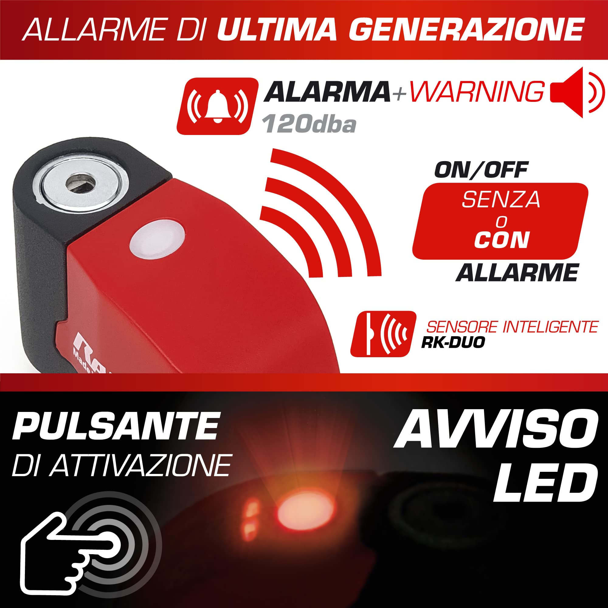 RADIKAL RK6 Bloccadisco Moto Allarme Hi-Tech 120db ON/OFF, Led Warning, Sensibilità A+, Sostituibile, Impermeabile, Batteria CR2 lunga durata, Lucchetto Moto Antifurto Sonoro Universale bici elettrica