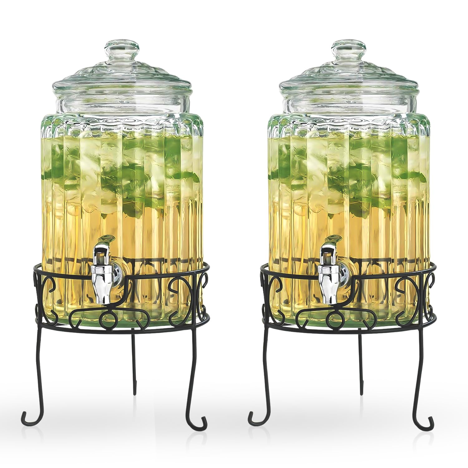 MosJos 2 PACK 1.5 Gallon Drink dispenser, Glass Beverage Dispenser With Elegant Stand Stand, Drink Dispensers for Parties With Spigot 100% Leakproof.