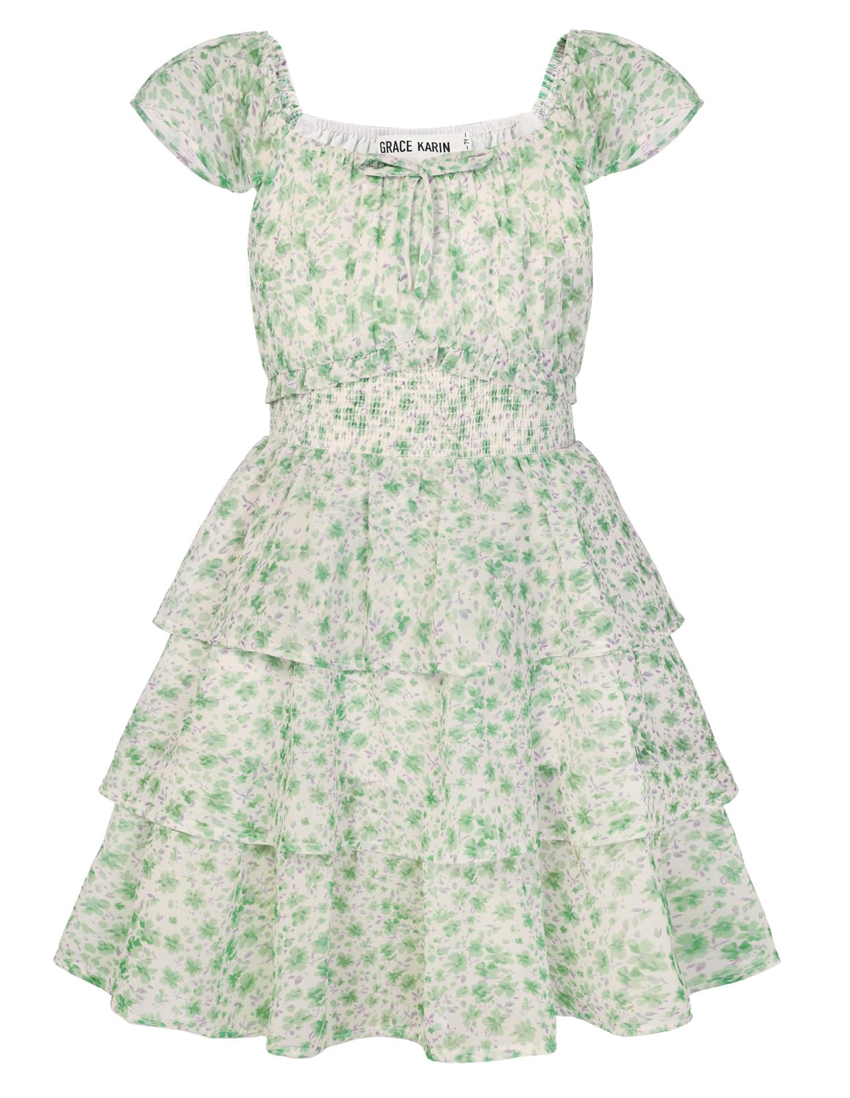 GRACE KARIN Mädchen Kleider Sommer Chiffon Blumenkleid A-line Tiered Rüschenärmel Midikleid mit Elastischer Bund Riemen