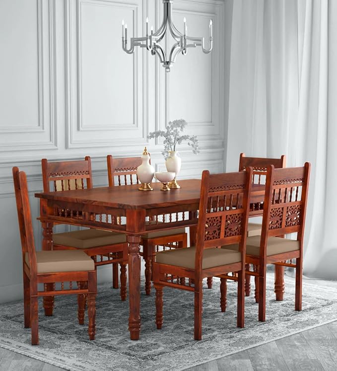 KD FURNITURES 6 Seater Sheesham Wood Dining Table with Chair Dining Room Set Dining Table