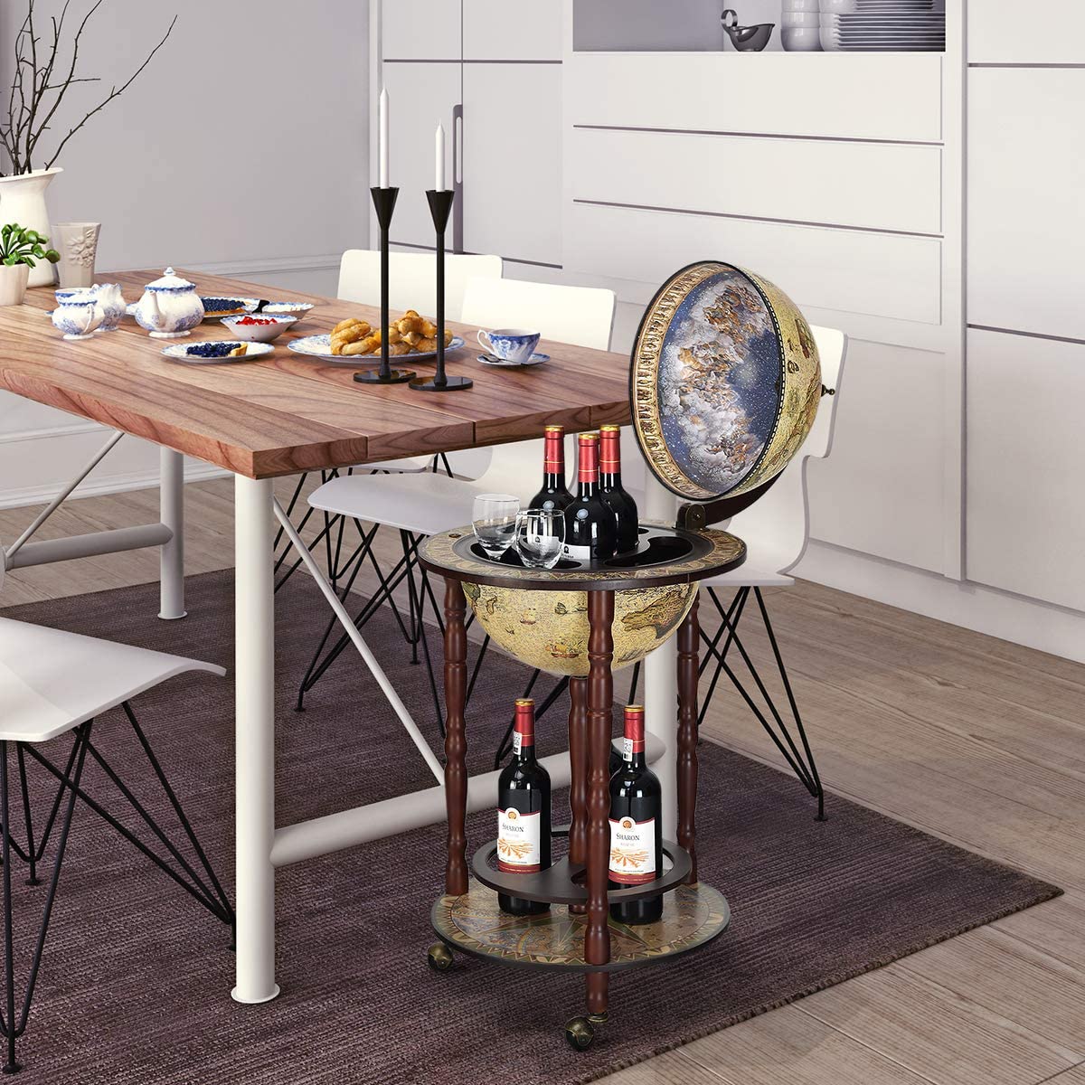 GOPLUS Bar Globe Terrestre Style Vintage en Bois d'Eucalyptus φ45CM, Chariot de Bar Géant Forme de Globe 2 Niveaux avec 3 roulettes et Couvercle Hauteur 88 CM pour Bouteille, Vin et Verres (Blanc)