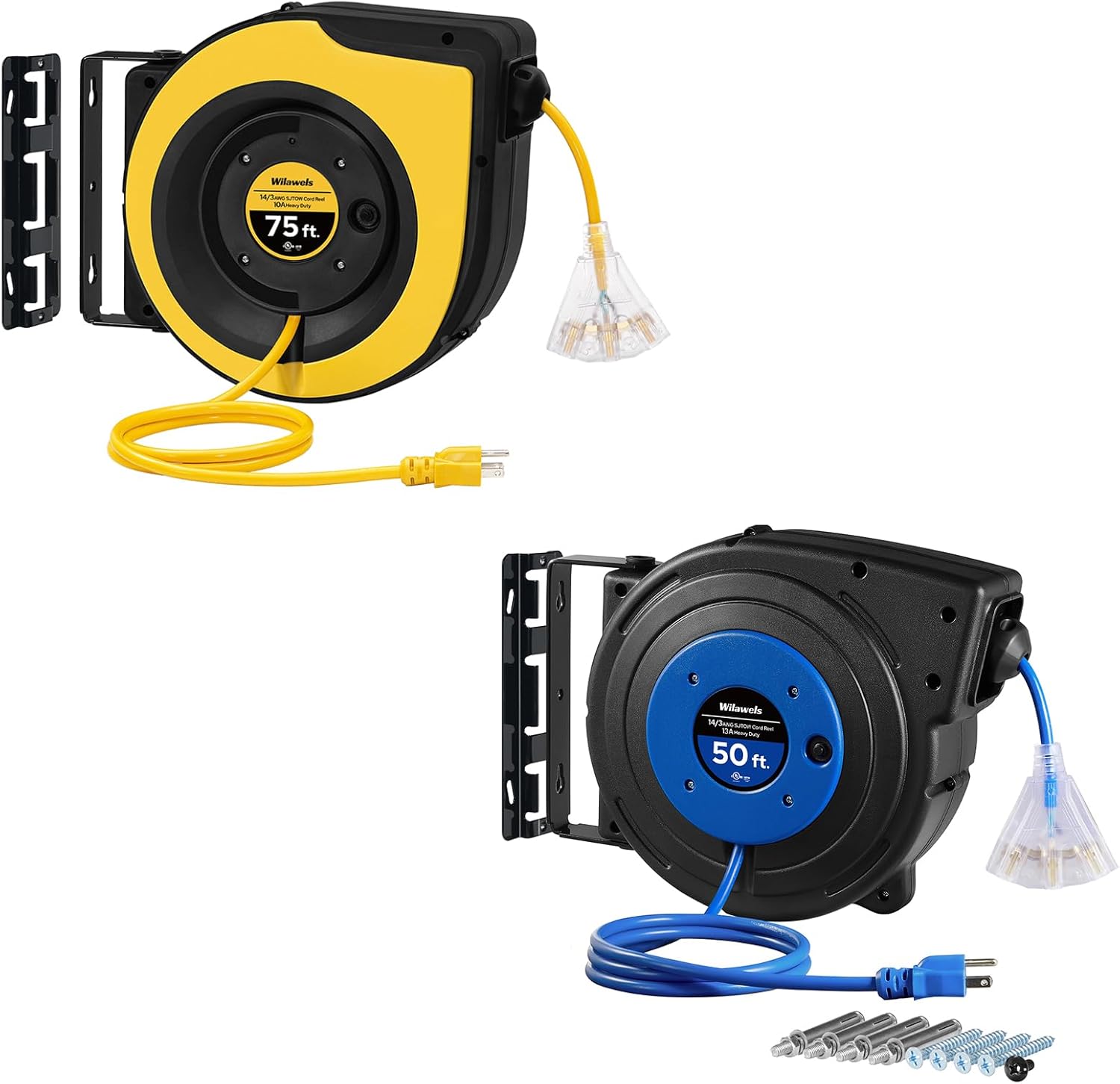 Retractable Cord Reel 75FT & 50FT Bundle, Heavy Duty Extension Cord, 14AWG/3C SJTOW, Wall/Ceiling Mounted, UL Listed, Y75CR06-U50CR06