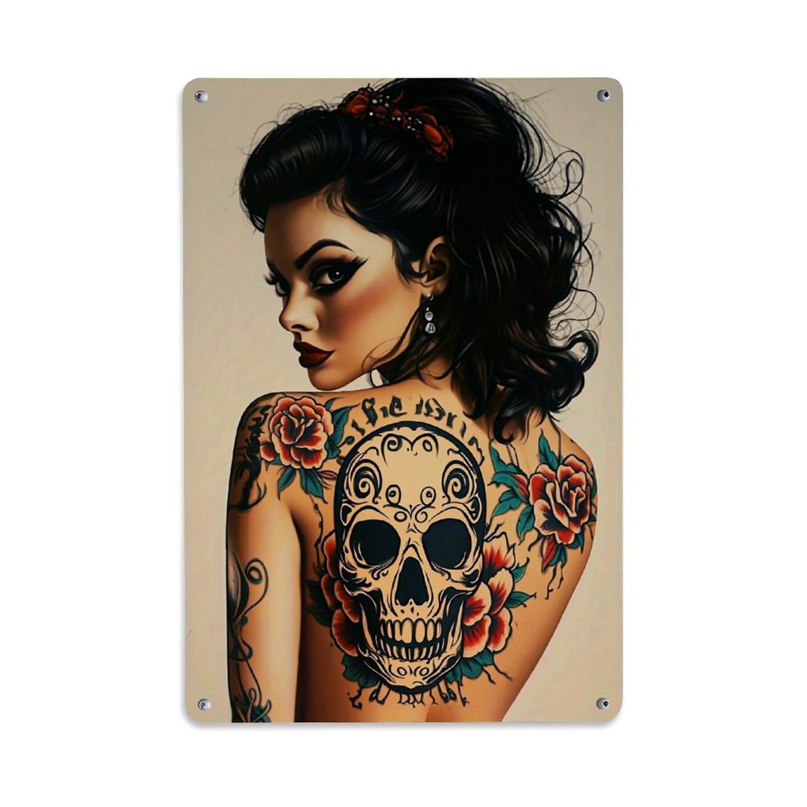 Skull Rose Tattoo Art Design Retro Metal Tin Sign, Vintage Decor Art Poster for Bar, Home, Man Cave, Kitchen, Laundry Room Gift 8x12Inch