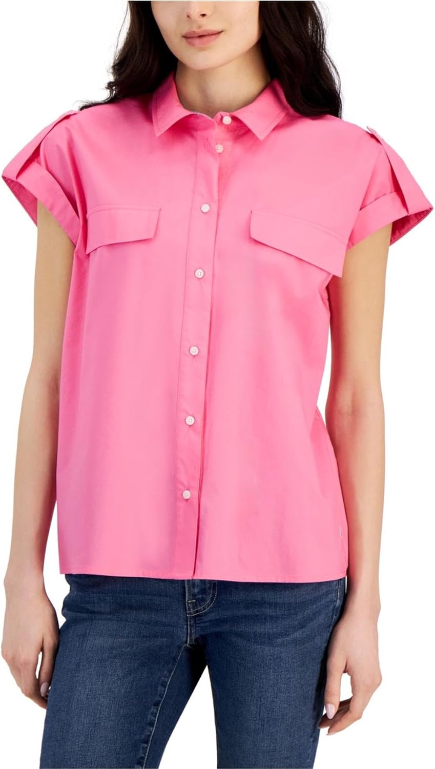Nautica Jeans Women's Cap-Sleeve Cotton Utility Top (Sangria Sunset, X-Large)