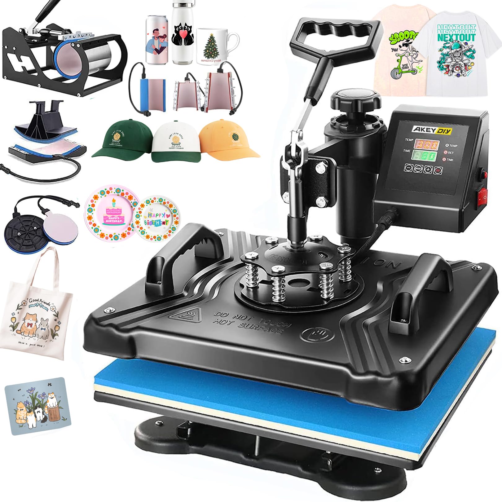 Transfer Press 8-in-1 Hot Press Machine, 38 x 30 cm Multi-Purpose Heat Press with 360° Swivel, Heat Press, Cup Press Around Cups, Hat, Caps and T-Shirt Printing Machine (8-in-1 Black)