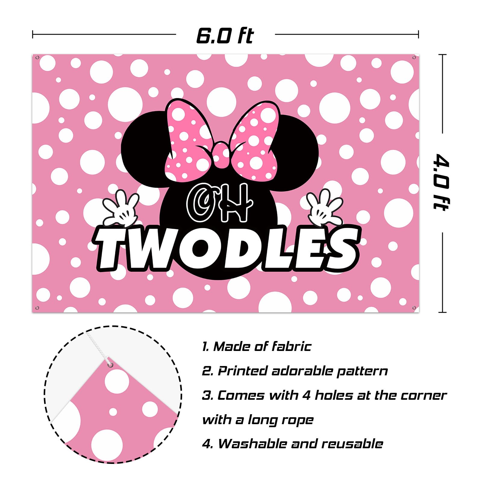 Oh Twodles - Pancarta de fondo rosa con dibujos animados de feliz segundo cumpleaños, decoración de fiesta temática de animación a dos años de edad, suministros de fondo de fotografía para niñas